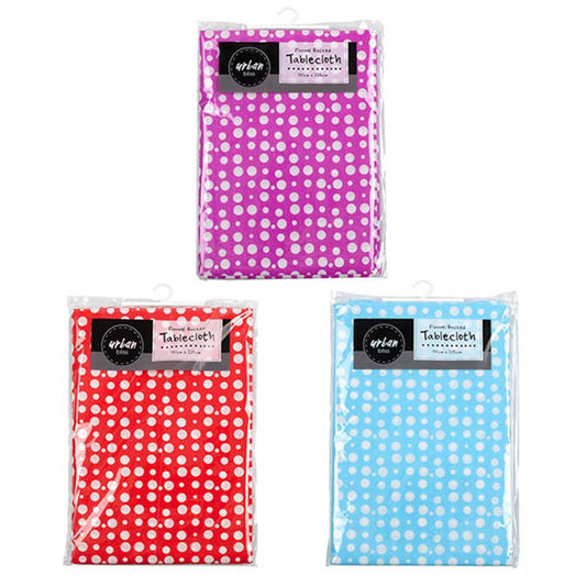 URBAN BLISS White Spotty Print Flannel Back Tablecloth 130x225cm – Choose from Purple, Red or Blue