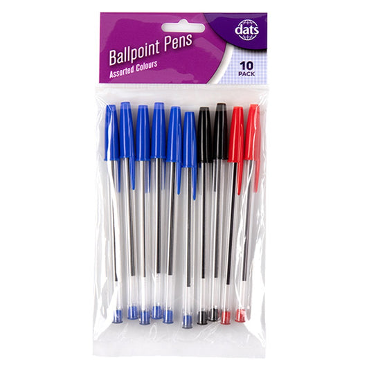 Ballpoint Pens Blue Black Red Colours 10 Pack Stationary
