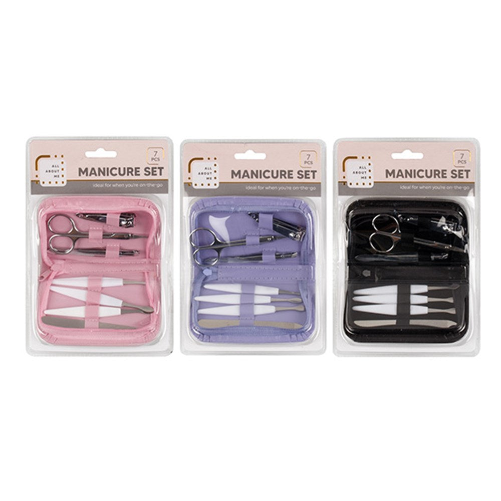 ALL ABOUT ME White and Silver 7 Piece Manicure Set in Zipped Wallet Case - Pink, Purple or Black