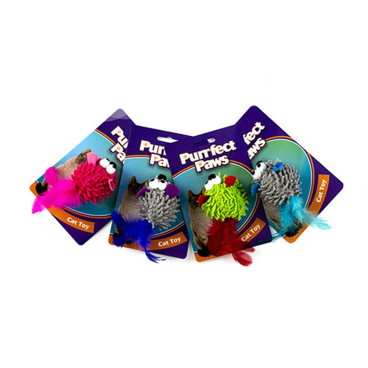 PURRFECT PAWS Mouse Cat with Feather Tail Toy - Pink, Grey/Purple, Green/Burgundy or Grey/Blue