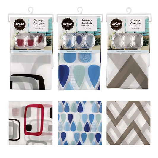 Shower Curtains 180x180cm and Clear Curtain Rings - Red & Black Geometric Print, Tonal Blue Teardrops or Bone Chevron Print