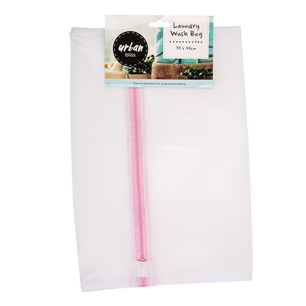URBAN BLISS White Mesh Laundry Wash Bag with Pink Trim and Zip Closure 35x48cm