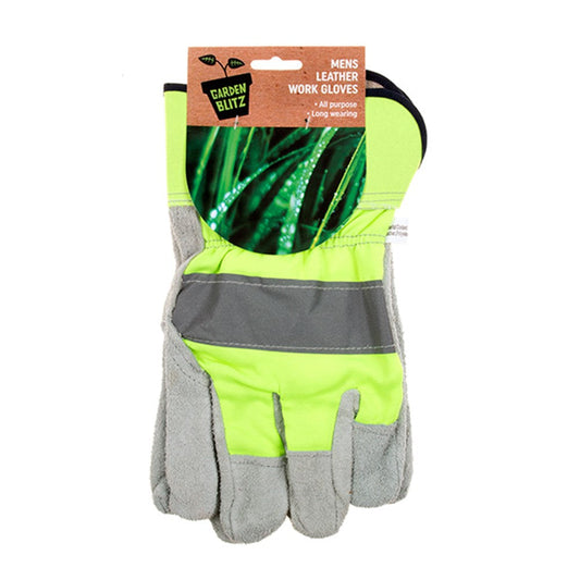GARDEN BLITZ Men's Fluro Yellow Leather All Purpose Work Gloves