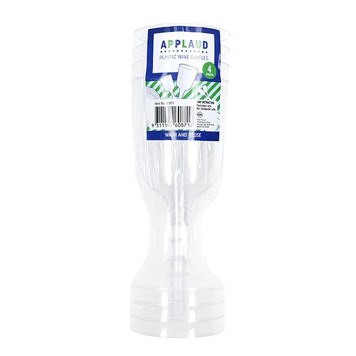 APPLAUD Clear Plastic Wine Glasses 4 Pack (Wash and Reuse)