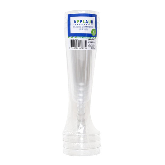 APPLAUD Clear Plastic Champagne Flute Glasses 4 Pack (Wash and Reuse)