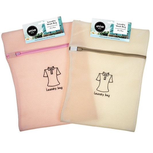 URBAN BLISS Mesh Laundry Wash Bag with Front Top Print and Zip Closure 29x39cm - Pink or Grey