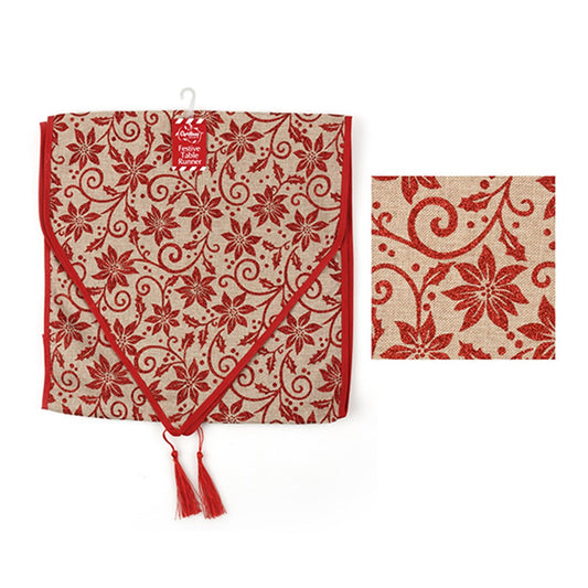 CHRISTMAS SPIRIT Sparkling Red Print on Natural Woven Table Runner with Tassels 142 x 35cm