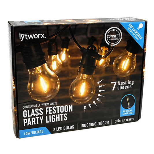 LYTWORX 8 Warm White Electrical LED Glass Festoon Party Lights 7 Function - Connect up to 5 Sets