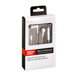 URBAN GEAR White Lightweight Stereo Earphones with Built-In Microphone, In-Line Volume Control and 3.5mm Plug