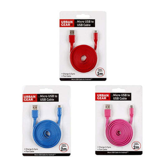 URBAN GEAR Micro USB Charging Flat Cable 2m - Red, Blue or Pink