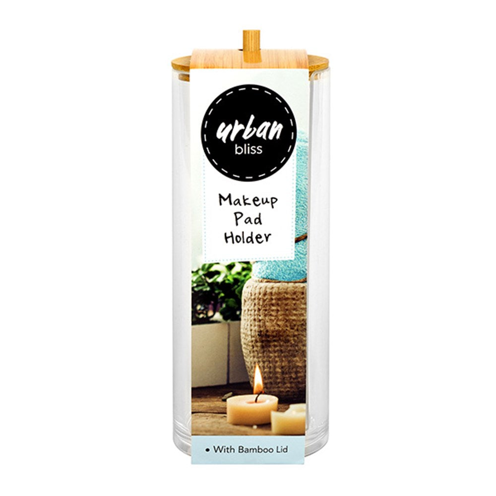 URBAN BLISS Tall Clear Round Makeup Pad Holder with Bamboo Lid 17.5x7cm