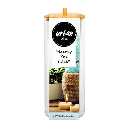 URBAN BLISS Tall Clear Round Makeup Pad Holder with Bamboo Lid 17.5x7cm