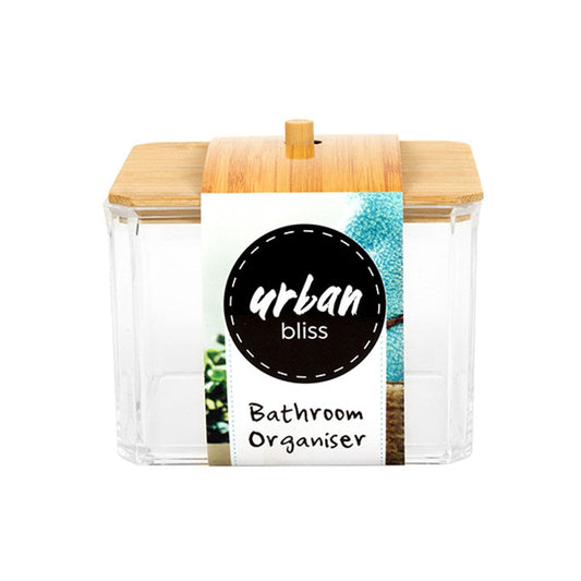 URBAN BLISS Clear Square Bathroom Organiser with Bamboo Lid 9x9x7.5cm