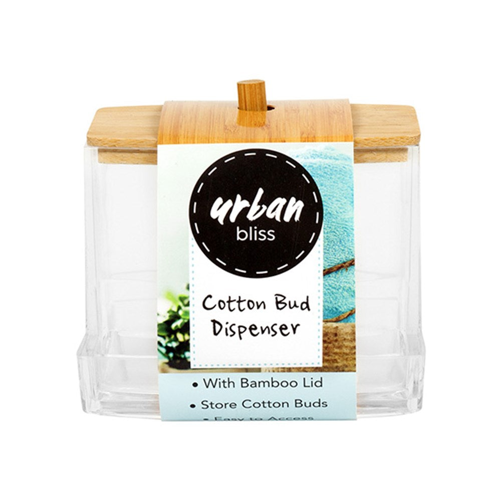 URBAN BLISS Clear Rectangle Cotton Bud Dispenser with Bamboo Lid 9x7x7.5cm