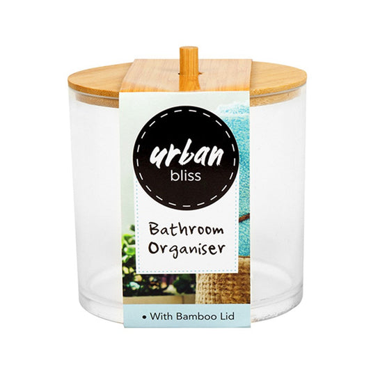URBAN BLISS Clear Round Bathroom Organiser with Bamboo Lid 9.5x10cm