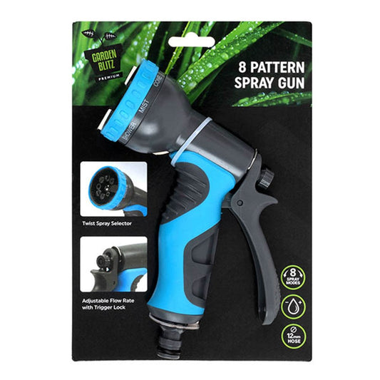 GARDEN BLITZ Blue/Black 8 Pattern Spray Garden Gun with 8 Spray Mode Adjustable Flow Rate and Trigger Lock Fit 12mm Hose