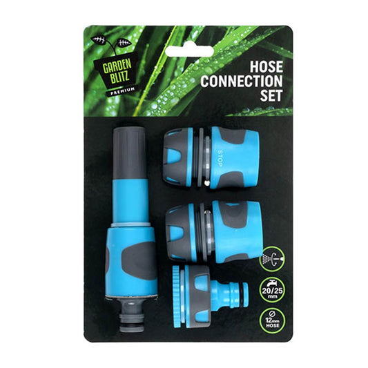 GARDEN BLITZ Blue/Black Garden Hose Connection 4 Piece Set including Spray Nozzle and Connectors for 20/25 Tap and 12mm Hose
