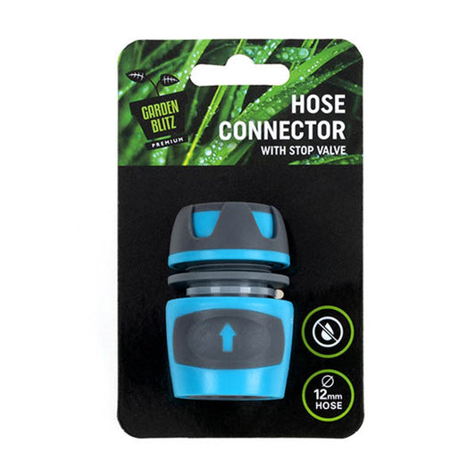 GARDEN BLITZ Blue/Black Garden Hose Connector with Stop Valve Fits 12mm Hose