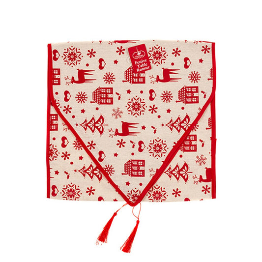 CHRISTMAS SPIRIT Festive Table Runner with Tassels Red Print on Natural 145x35cm