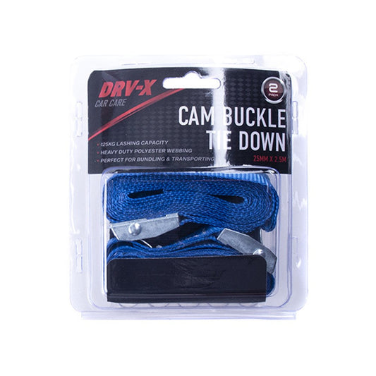DRV-X Blue Cam Buckle Tie Down – Heavy Duty Webbing with 125kg Lashing Capacity 2.5m x 25mm (2 Pack)