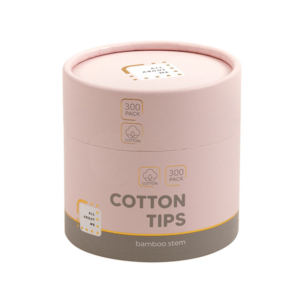 ALL ABOUT ME 300 Bamboo Stem Cotton Tips in Round Pink Container