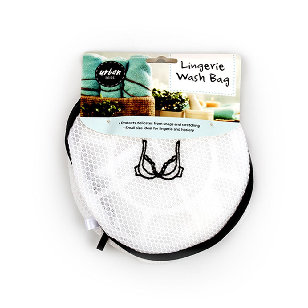 URBAN BLISS White Mesh Lingerie Wash Bag with Black Bra Front Print and Trim with Zip Closure 18x18cm