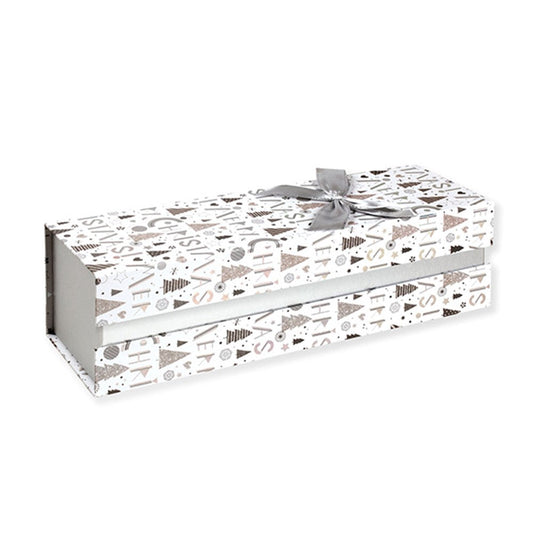 Christmas Silver White Grey Print on White with Grey Satin Bow Bottle Gift Box