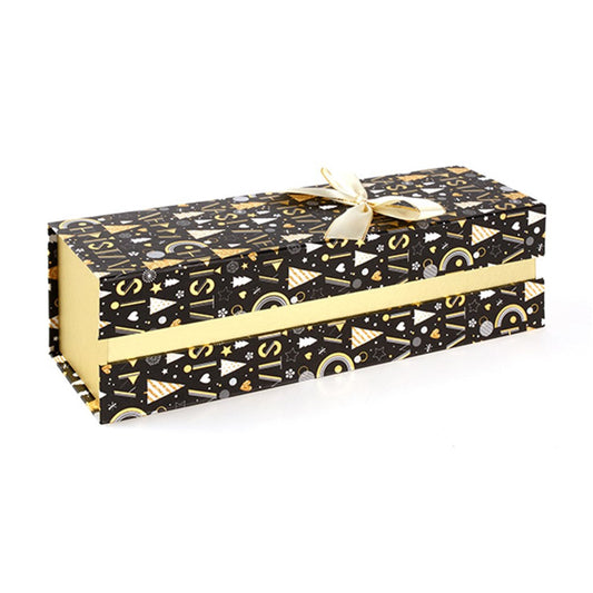Christmas Gold Foil and Bow Black Gift Box for Wine Merry Christmas Trees Stars Rainbows