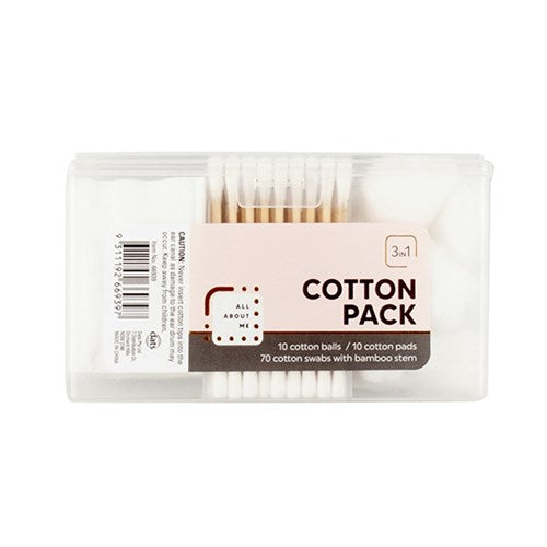 ALL ABOUT ME 3 in 1 Cotton Pack - Includes 70 Bamboo Stem Cotton Buds, 10 Cotton Balls and 10 Cotton Pads