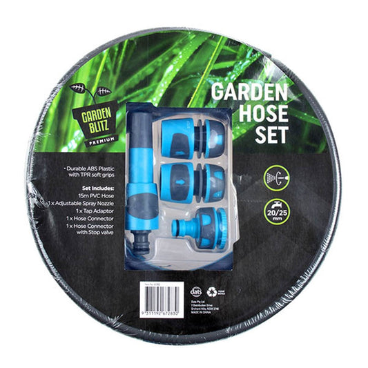 GARDEN BLITZ Garden Hose 5 Piece Set -  Including 15m PVC Hose, Adjustable Spray Nozzle, Tap Adaptor, Hose Connector and Hose Connector with Stop Valve