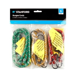 STANFORD Fabric Bungee Cords with Black Metal Hooks 6 Pack with 2 of each Size 30cm, 45cm and 60cm in Green, Red and Yellow