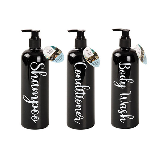 URBAN BLISS Black Bottles with Pump Dispenser Bottle and White Script Print 500ml - Shampoo, Conditioner or Body Wash