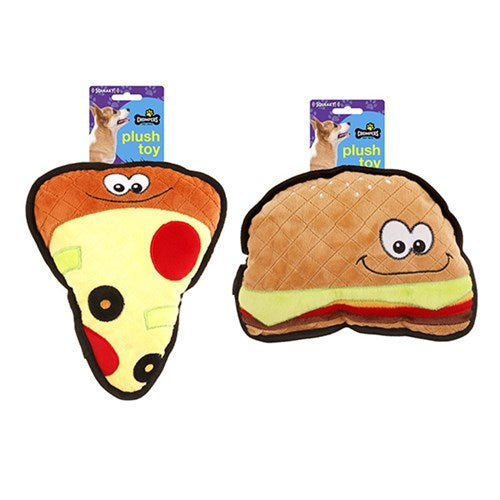 CHOMPERS Plush Squeaky Dog Toy 25cm – Pizza Slice or Hamburger