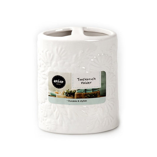 URBAN BLISS White Floral Emboss Ceramic Toothbrush Holder 8.8x4.8x11.3cm