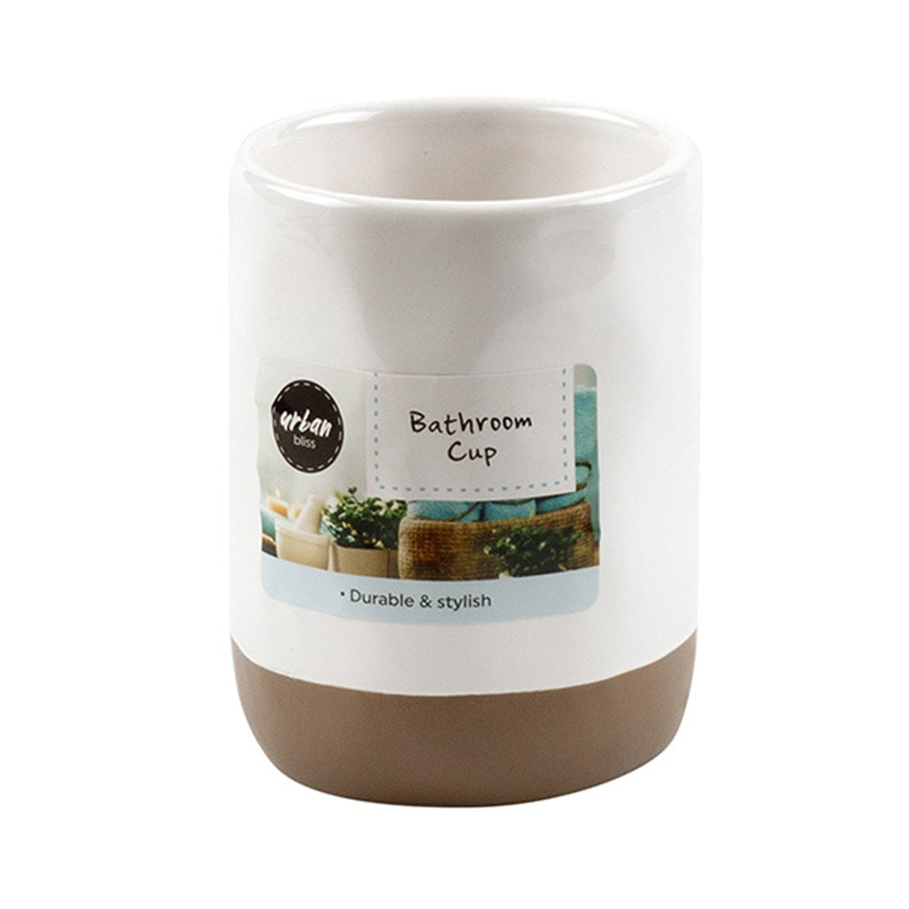 URBAN BLISS White with Tan Base Ceramic Bathroom Cup 7.5x7.5cm