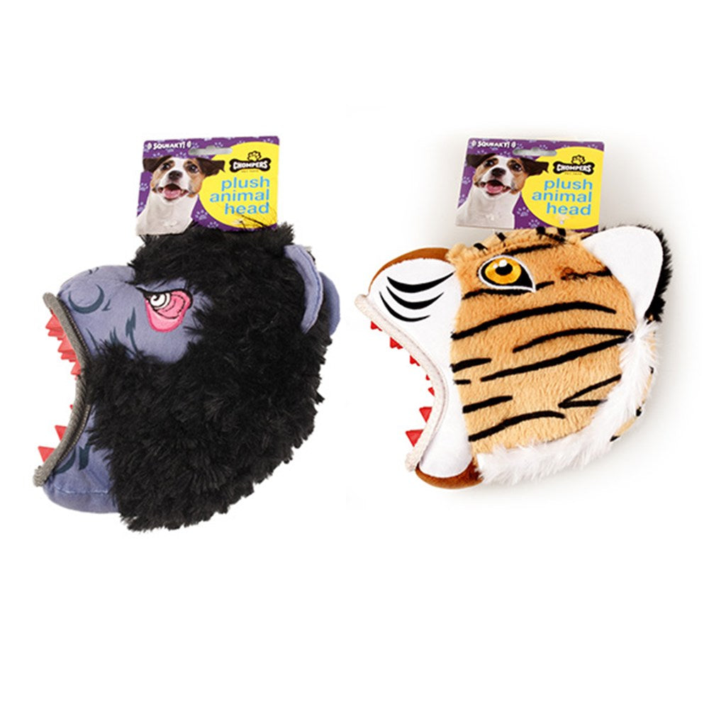 CHOMPERS Plush Animal Head Squeaky Dog Toy 21cm - Gorilla or Tiger