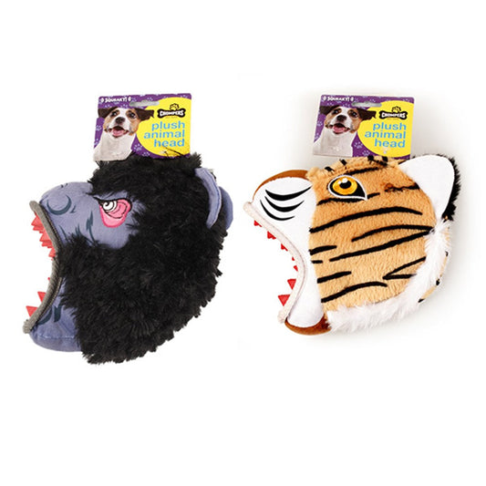 CHOMPERS Plush Animal Head Squeaky Dog Toy 21cm - Gorilla or Tiger