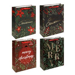 Botanical Christmas Gift Bags with Gift Tag XL 210gsm - Poinsettia, Holly & Berries, Bauble & Vine Leaves or Vine Leaves