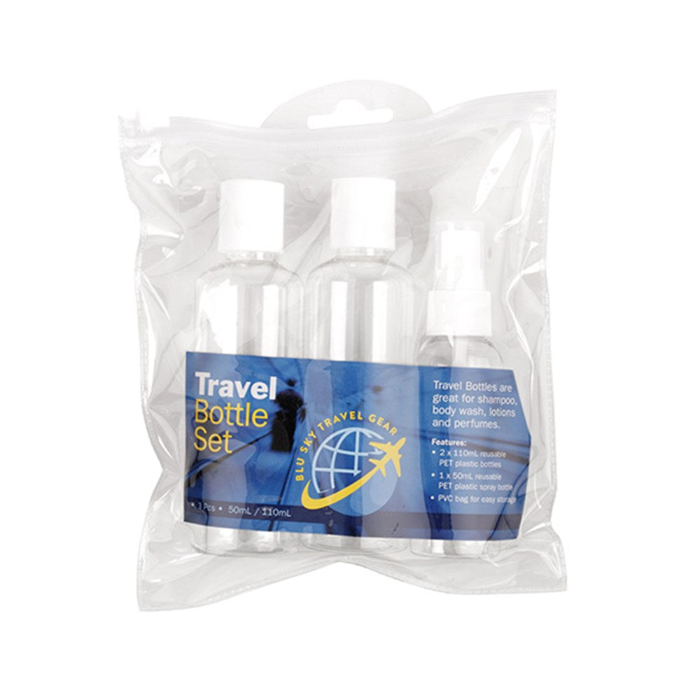 BLU SKY TRAVEL GEAR Reusable 3 Piece Bottle Set - Includes 110ml Bottles x2 with Flip Tops and 150ml Spray Bottle with Cap