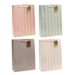 Gold Foil Design Gift Bag with Gold Gift Tag 30x42x12cm - Choose from Pink, Green, Grey and White