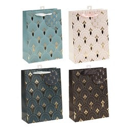 Art Deco Fan Foil Design Gift Bag and Gift Tag 18x24x8cm - Choose from Pink, Charcoal, Brown and Blue