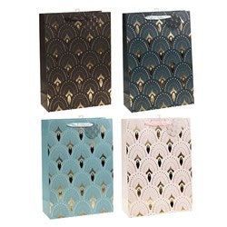 Art Deco Fan Foil Design Gift Bag and Gift Tag 30x42x12cm - Choose from Charcoal, Blue, Brown or Pink