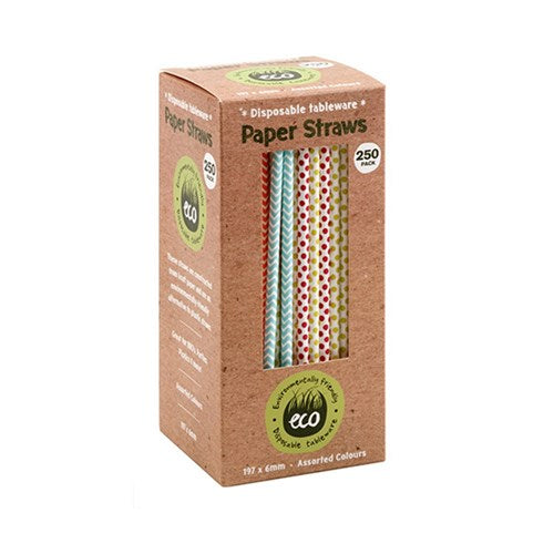 ECO Colourful Disposable Paper Straws 19.7cmx6mm (250 Pack)