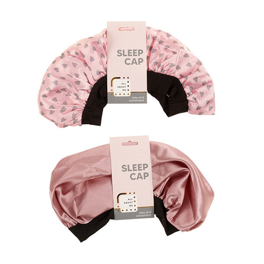 ALL ABOUT ME Satin Sheen Sleep Caps with Black Trim 32cm - Grey Hearts on Pink or Tearose Pink