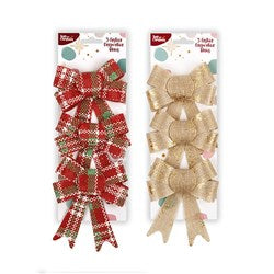 HOP INTO CHRISTMAS 3 Festive Bows with Twist Tie Back 10x14cm - Tartan or Gold