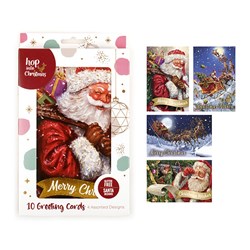 HOP INTO CHRISTMAS Traditional Christmas Greeting Cards 11.5x17.7cm – Santa Textured Foil Designs 10 Pack