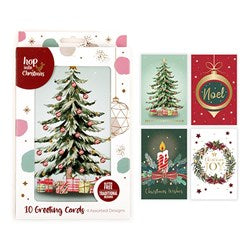 HOP INTO CHRISTMAS Traditional Christmas Greeting Cards 11.5x17.7cm – Textured Foil Designs 10 Pack