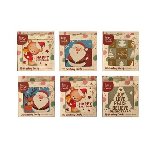 HOP INTO CHRISTMAS Traditional and Cute Christmas Greeting Cards 10.2x10.2cm – Assorted Glitter Design 20 Pack