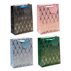 Gold Foil Art Deco Design Gift Bag with Matching Gift Tag 18x24x8cm - Choose from Charcoal, Pink, Light Blue or Emerald Green