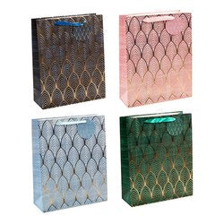 Gold Foil Art Deco Design Gift Bag with Matching Gift Tag 26x32x10cm - Choose from Charcoal, Pink, Light Blue or Emerald Green